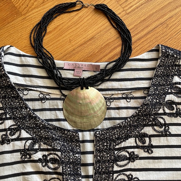 🌺 CALYPSO ST. BARTH; Luxury, Embroidered, Black/White Striped Beach Cover-Up L! - Picture 2 of 12